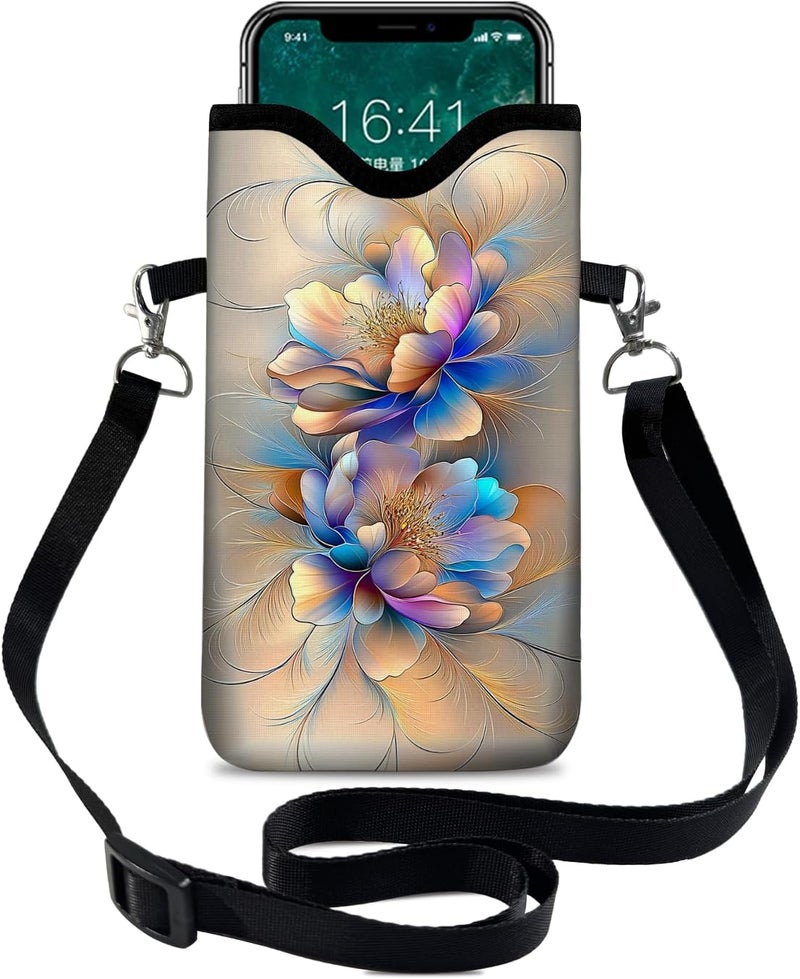 otilil Neoprene Cell Phone Sleeve Pouch Case Bag with Crossbody Strap Neck Lanyard for Women 7.1 X 3.9 in BF Flowers - Image 1